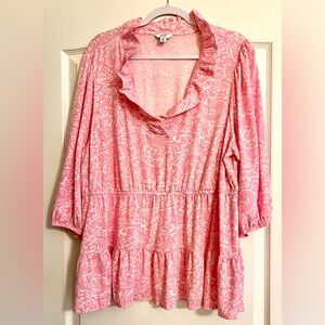 Ladies 2X Blouse Crown & Ivy  Peplum spring peasant pink White Plus Top Preppy